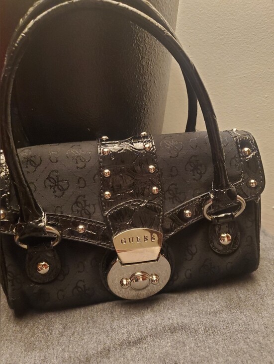 Guess Handbags - Y2K GUESS Mini Shoulder Bag Black Faux Croc Patent Studded Baguette Bag